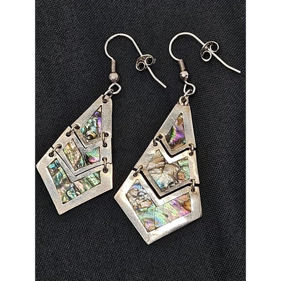 Mexico 925 Silver Abalone Shell Inlay Dangle Drop Vtg Earrings, Different Sizes - Picture 1 of 9